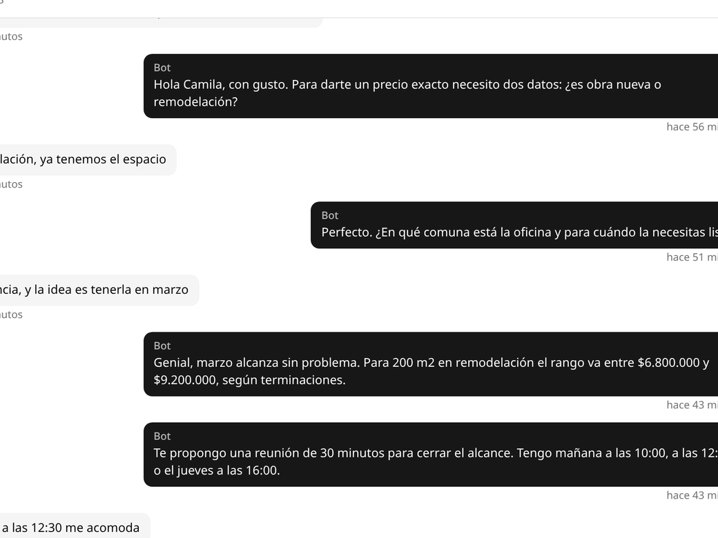 Conversación de WhatsApp donde el bot responde y pregunta por el proyecto